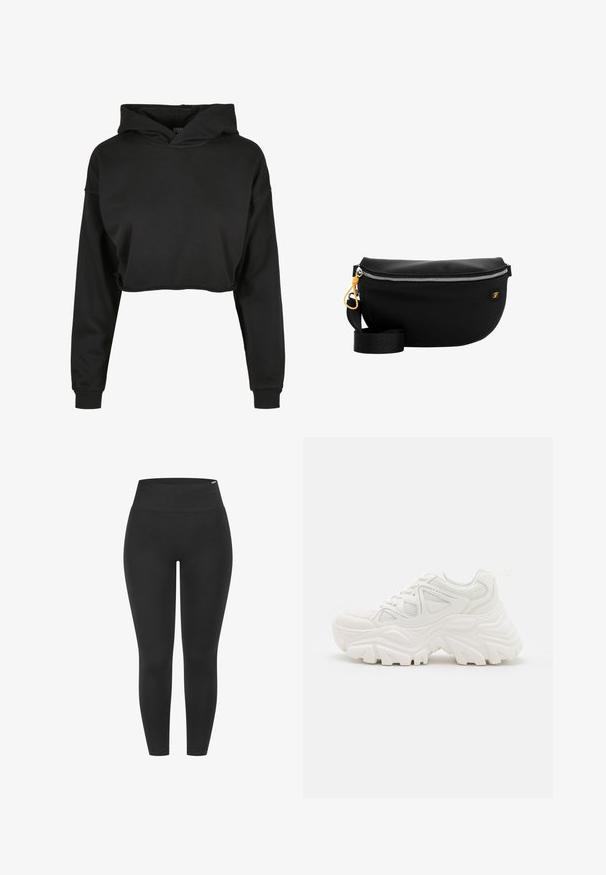 Zwarte cropped hoodie van zachte stof met een capuchon met trekkoord, lange mouwen en geribbelde manchetten, met een schone, eenvoudige uitstraling.; Zwarte legging met een hoge elastische tailleband, een gladde textuur en een aansluitend ontwerp, geschikt voor diverse activiteiten.; Witte chunky sneakers met een textuur bovenwerk, meshpanelen en dikke rubberen zolen met een uitgesproken profiel. Inclusief veters en een aantreklip.; Zwarte heuptas met zilveren ritssluiting, gele ritslus, patch met klein logo en verstelbare zwarte band tegen een witte achtergrond.