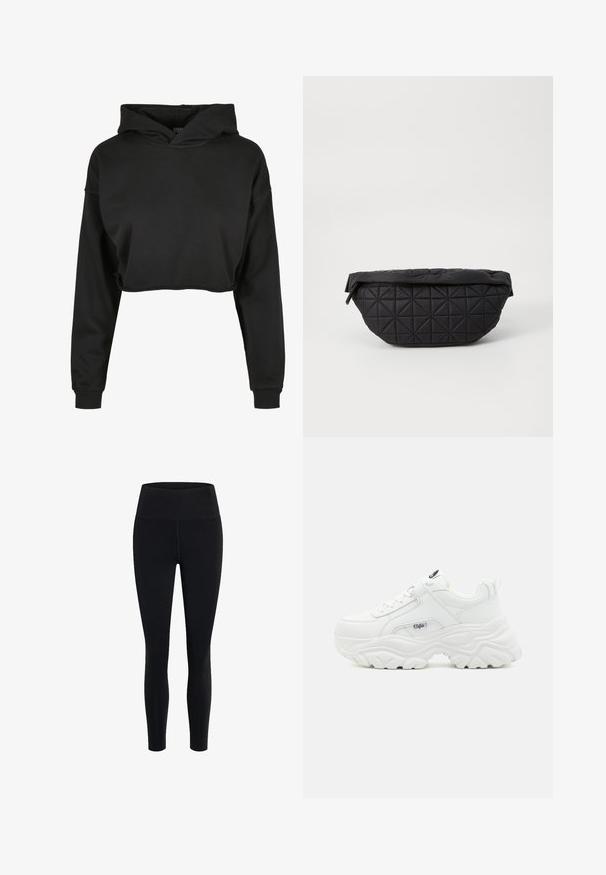 Sort cropped hoodie lavet af blødt stof med snoretræk i hætten, lange ærmer og ribbede manchetter, med et rent, enkelt design.; Girlfriend Collective FLOAT HIGH RISE LEGGING 7/8 - Tights - black; Hvide chunky sneakers med en glat læderoverdel, rund tå og tyk tekstureret sål med et synligt brandlogo på siden.; Sort quiltet taske med en blød, polstret tekstur og et vinkelret diamantmønster, med en buet silhuet og lynlåslukning.