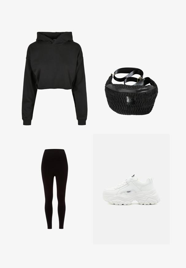 Sudadera recortada negra de tela suave que cuenta con capucha con cordón, mangas largas y puños acanalados, con un diseño limpio y sencillo.; Leggings negras hechas de un material elástico, con una cintura alta, textura suave y un diseño ajustado, sin ningún patrón ni adornos.; Zapatillas blancas voluminosas con parte superior de piel lisa, punta redonda y suela gruesa texturizada con un logo de la marca visible en el lateral.; Bolso cruzado de tela negra texturizada con correa ajustable y detalles de cuero, con un pequeño parche cuadrado con el logo en el frente.