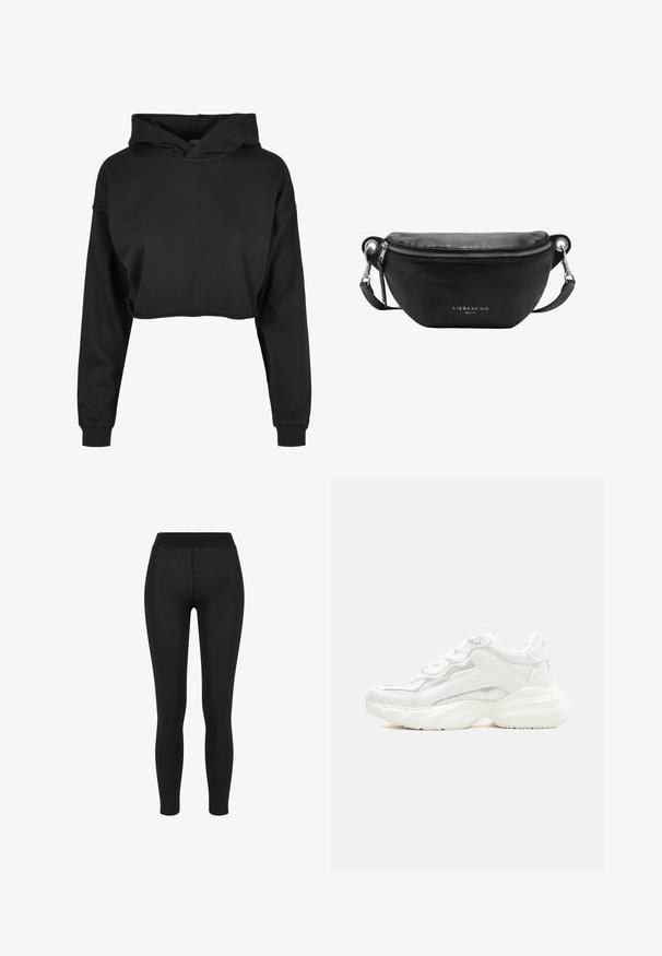 Sudadera recortada negra de tela suave que cuenta con capucha con cordón, mangas largas y puños acanalados, con un diseño limpio y sencillo.; Leggings negros con una tela suave, cintura alta, diseño ajustado y sin costuras visibles, adecuados para uso casual o deportivo.; Zapatilla deportiva blanca y robusta con suela gruesa, cierre de cordones en la parte frontal y parte superior sintética lisa con detalles de costuras sutiles.; Bolso cruzado de cuero negro con forma redondeada, cierre superior con cremallera y herrajes en plata. Logo impreso en la parte frontal. Correa ajustable.