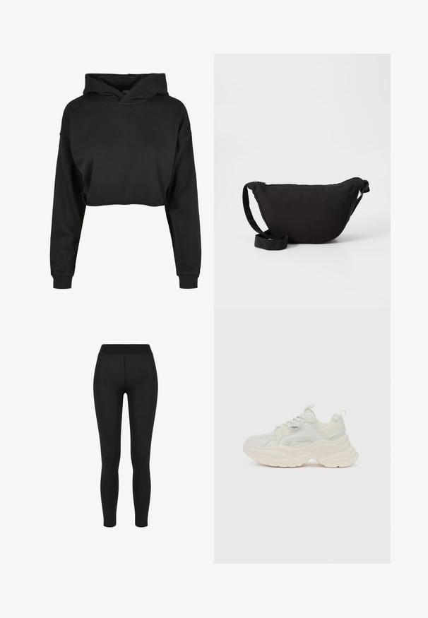 Sort cropped hoodie lavet af blødt stof med snoretræk i hætten, lange ærmer og ribbede manchetter, med et rent, enkelt design.; Sorte leggings i glat stof, med høj talje, tætsiddende design og uden synlige sømme, velegnet til afslappet eller aktivt brug.; Chunky sneakers i off-white, med en tekstureret mesh og glat læderoverdel, samt en tyk, bølget sål og mærkeaccent.; Sort hobo taske lavet af blødt stof, med en buet form, lynlåslukning og en bred justerbar rem. Glat tekstur uden mønstre.