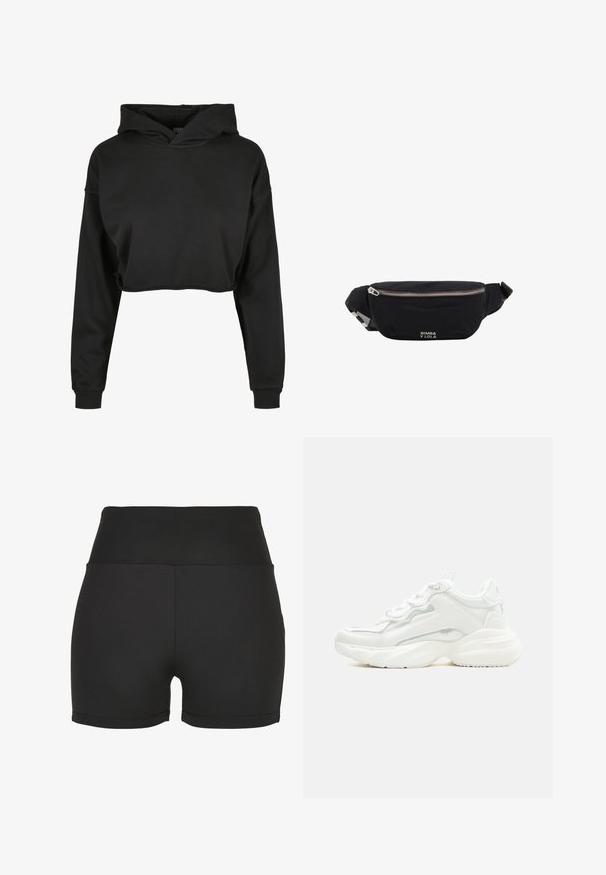 Sudadera recortada negra de tela suave que cuenta con capucha con cordón, mangas largas y puños acanalados, con un diseño limpio y sencillo.; Shorts atléticos negros de talle alto, fabricados con un material elegante y elástico. Presentan costuras suaves y un diseño ajustado, ideales para ropa deportiva.; Zapatilla deportiva blanca y robusta con suela gruesa, cierre de cordones en la parte frontal y parte superior sintética lisa con detalles de costuras sutiles.; Riñonera de tela negra con cremallera plateada y correa ajustable, con pequeño logo blanco "Bimba y Lola" en el frente.