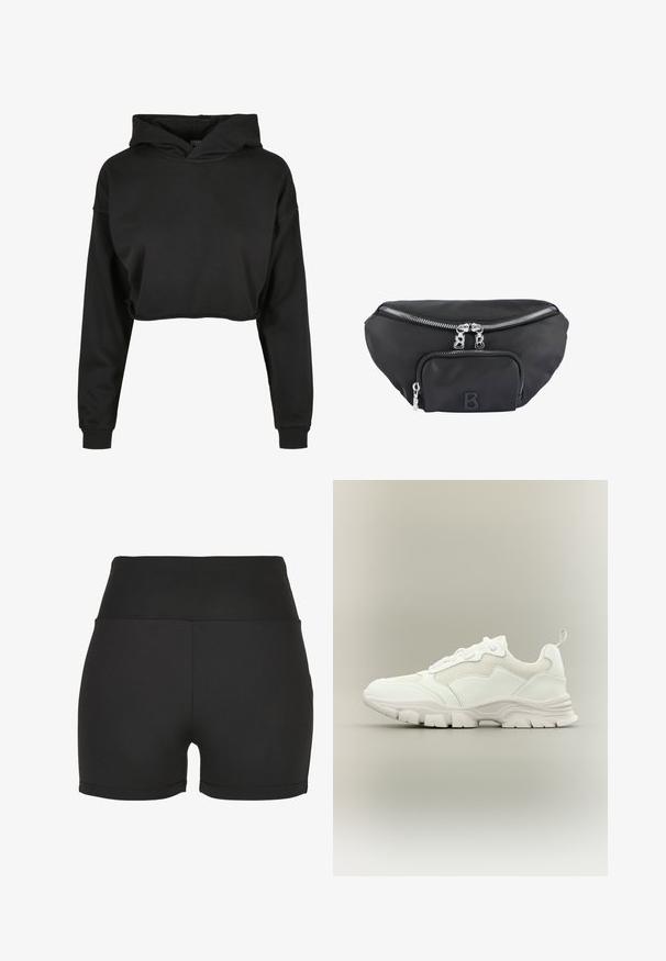 Sort cropped hoodie lavet af blødt stof med snoretræk i hætten, lange ærmer og ribbede manchetter, med et rent, enkelt design.; Sorte højtaljede atletikshorts lavet af glat, strækbart materiale. Har glatte sømme og et tætsiddende design, ideelt til træningstøj.; Hvid atletisk sneaker med mesh og læderoverdel, chunky sål og trækflig ved hælen, vist i sideprofil på neutral baggrund.; Sort nylon bæltetaske med et hovedrum og en frontlomme, udstyret med sølvfarvede lynlåse og et forhøjet "B" logo.