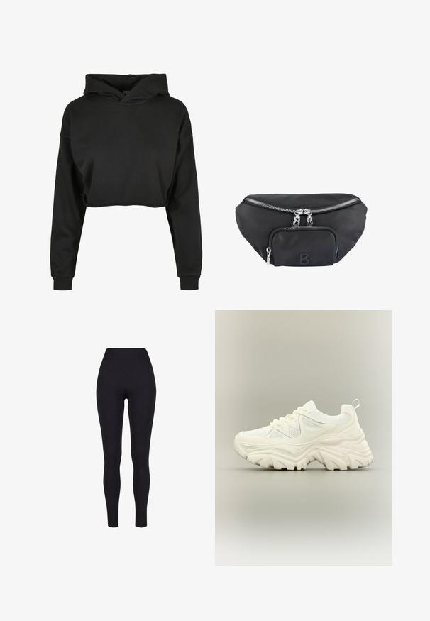 Sort cropped hoodie lavet af blødt stof med snoretræk i hætten, lange ærmer og ribbede manchetter, med et rent, enkelt design.; Sorte højtaljerede leggings, lavet af strækbart stof, med en glat tekstur og en tætsiddende design uden synlige sømme eller mønstre.; Hvid chunky sneaker med tyk tekstureret sål, mesh paneler, snørelukning foran og trækstrop ved hælen på en neutral baggrund.; Sort nylon bæltetaske med et hovedrum og en frontlomme, udstyret med sølvfarvede lynlåse og et forhøjet "B" logo.