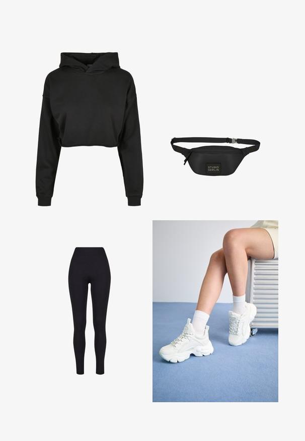 Sort cropped hoodie lavet af blødt stof med snoretræk i hætten, lange ærmer og ribbede manchetter, med et rent, enkelt design.; Sorte højtaljerede leggings, lavet af strækbart stof, med en glat tekstur og en tætsiddende design uden synlige sømme eller mønstre.; Hvide snøre-sneakers med en chunky sål, der har glat syntetisk materiale, teksturerede detaljer og en løkke på hælen.; Sort bæltetaske lavet af glat, vandafvisende materiale, med en rektangulær form, justerbar rem og en frontlogo-patch.