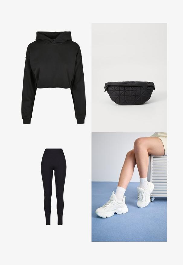 Sort cropped hoodie lavet af blødt stof med snoretræk i hætten, lange ærmer og ribbede manchetter, med et rent, enkelt design.; Sorte højtaljerede leggings, lavet af strækbart stof, med en glat tekstur og en tætsiddende design uden synlige sømme eller mønstre.; Hvide snøre-sneakers med en chunky sål, der har glat syntetisk materiale, teksturerede detaljer og en løkke på hælen.; Sort quiltet taske med en blød, polstret tekstur og et vinkelret diamantmønster, med en buet silhuet og lynlåslukning.
