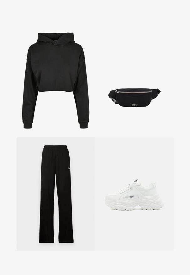 Zwarte cropped hoodie van zachte stof met een capuchon met trekkoord, lange mouwen en geribbelde manchetten, met een schone, eenvoudige uitstraling.; Zwarte geribde wijde broek met elastische tailleband en klein decoratief logo, met een gladde textuur en een full-length ontwerp.; Witte chunky sneakers met een soepel leren bovenwerk, ronde neus en een dikke, gestructureerde zool met een zichtbaar merklogo aan de zijkant.; Zwarte stoffen heuptas met zilveren rits en verstelbare band, voorzien van klein wit "Bimba y Lola"-logo aan de voorkant.