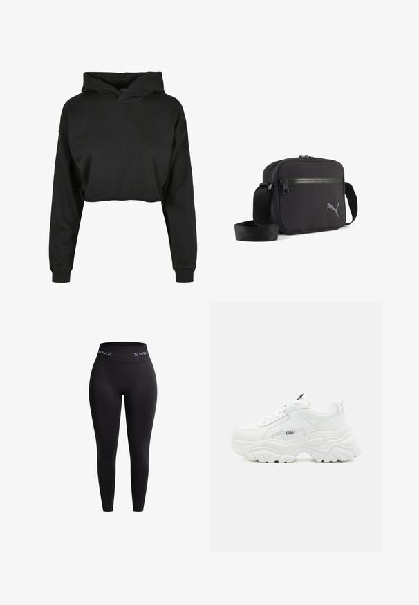 Haut cropped noir en tissu doux, doté d'une capuche avec cordon de serrage, de manches longues et de poignets côtelés, avec un design épuré et simple.; Leggings noirs en tissu extensible avec une taille haute élastique présentant le texte "SMIL" en blanc. Texture lisse et design ajusté.; Des sneakers blancs chunky avec un dessus en cuir lisse, un bout rond et une semelle épaisse texturée avec un logo de marque visible sur le côté.; Sac d'épaule en tissu noir de forme rectangulaire, doté d'une fermeture éclair, d'une surface texturée et d'un logo brodé gris sur un côté.