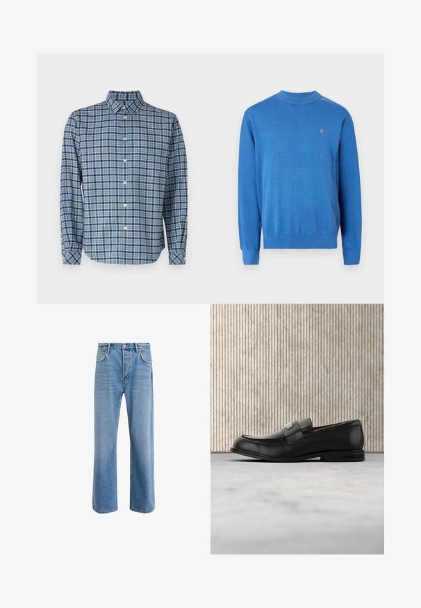 Pull-over bleu avec un col rond côtelé et des manches longues. Présente un petit logo orange sur le côté gauche de la poitrine. Texture douce en maille.; Chemise boutonnée en coton tissé, motif tartan bleu et noir, à manches longues, avec col, boutons blancs et poignets ajustables.; Jeans en denim bleu clair avec une coupe droite, cinq poches, fermeture à bouton, peu d'usure et des détails de couture contrastés.; Mocassin en cuir noir avec une plaque de marque en métal reposant près d'une table ronde marron sur un sol recouvert de moquette beige.