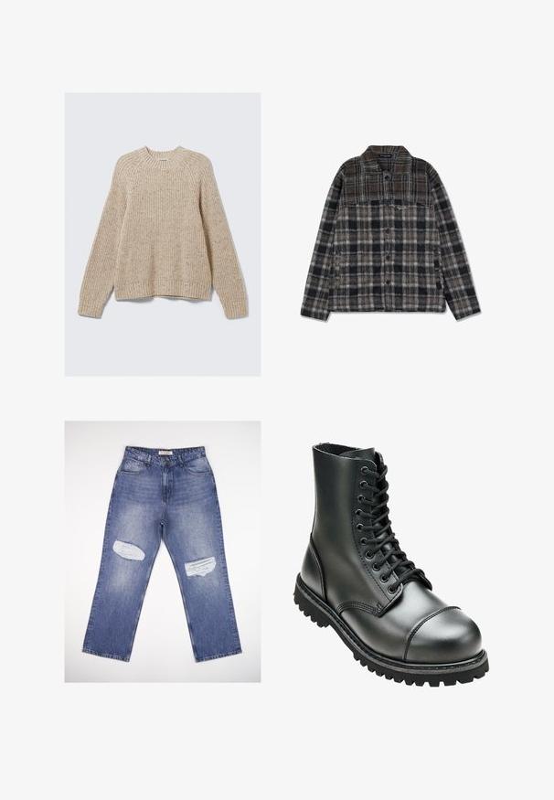 Beige ribbet sweater med rund halsudskæring og lange ærmer. Lavet af tekstureret materiale, med en afslappet pasform og ribbede manchetter.; Plaid flannel skjortejakke med jordfarver i brun, sort og grå, med knaplukning fortil, to sidelommer og en blød tekstur.; Lyseblå denimjeans med høj talje, lige ben og to slidte pletter foran. Klassisk design med fem lommer.; Sort læderkampstøvle med høj ankel, rund tå, snørebånd foran og robust gummisål med dybe mønstre for godt greb.