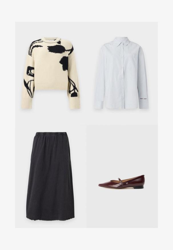 Beige strikket sweater med sorte abstrakte blomsterprint på front, ærmer og skuldre, med ribkant ved ærmer og bund.; Lyseblå stribet skjorte med knapper ned foran, spids krave, lange ærmer, brystlomme og broderede detaljer på manchetterne.; Sort bomuldsskjørt med elastisk talje, knælangt, med en frynset kant og en simpel, lige silhouet.; Burgundyrød patenteret lædersko med spids tå og en dekorativ rem over vristen. Har en lav sort hæl.