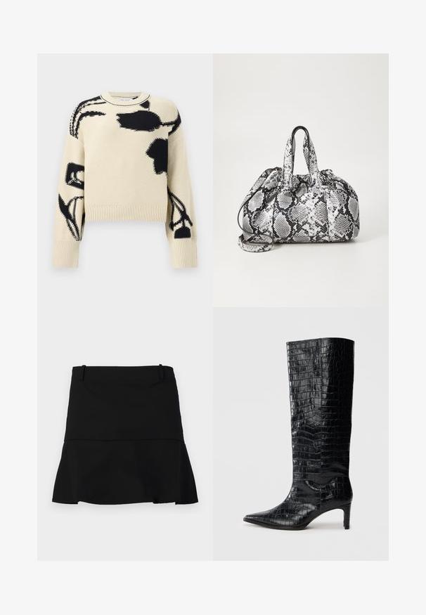 Pull en tricot beige avec des motifs floraux abstraits noirs sur le devant, les manches et les épaules, doté de poignets et d'un ourlet côtelés.; Jupe noire courte avec un léger évasement à l'ourlet et des passants de ceinture à la taille sur un fond blanc.; Bottes noires montantes, avec une texture brillante à motif crocodile, bout pointu et talon effilé. Matériau synthétique lisse.; Sac à main en motif peau de serpent noir et blanc avec deux poignées, une fermeture à cordon et une bandoulière amovible. Texture lisse.