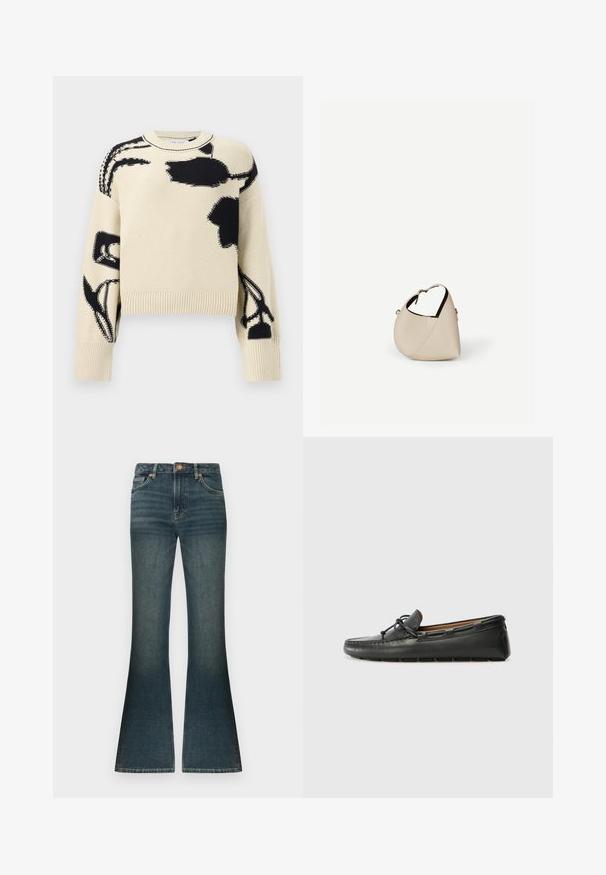 Pull en tricot beige avec des motifs floraux abstraits noirs sur le devant, les manches et les épaules, doté de poignets et d'un ourlet côtelés.; Jean flare en denim bleu foncé avec un léger décoloré subtil, taille standard et un design classique à cinq poches. Accents en métal cuivré.; Bateau en cuir noir avec un bout arrondi, des détails de couture, un petit accent en nœud et une semelle en caoutchouc. Texture lisse et design épuré.; Sac à main en cuir beige en forme de croissant avec une seule bandoulière et des coutures minimalistes, posé sur un fond blanc uni.