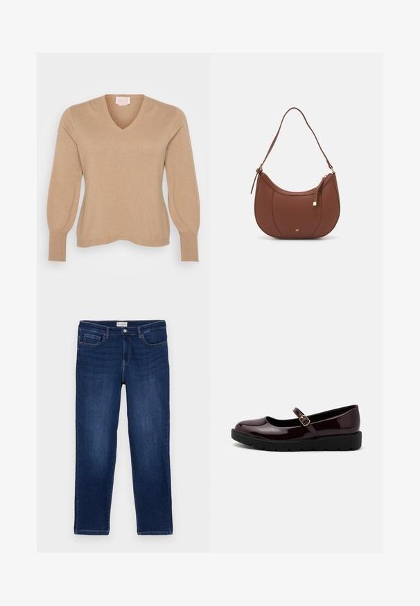 Beige V-hals sweater med ribbede manchetter og let puffede lange ærmer. Lavet af blødt materiale med en glat tekstur.; Mørkeblå denim jeans med lige pasform, fem-lomme design, synlige sømme og en metalknaplukning i taljen.; Glinsende burgunderfarvede Mary Jane-sko med en rund tå, justerbar spænde rem og en sort, tekstureret platformsål.; Brun faux læder skuldertaske med buet form, minimal syning og en guldtonet hardwaredetalje. Har en top lynlåslukning og justerbar rem.