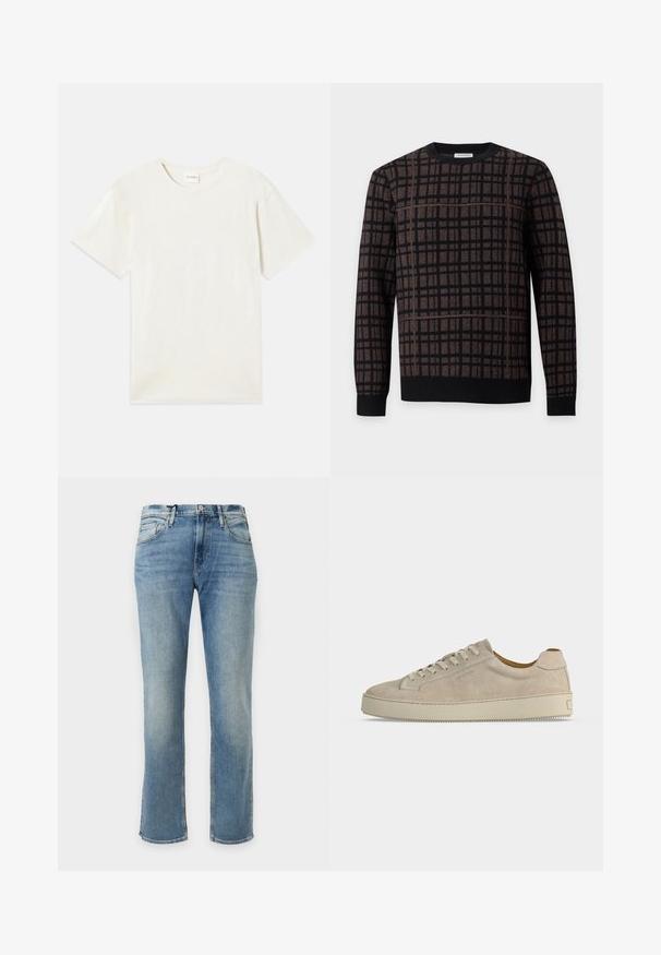Braun-schwarz kariertes Langarmpullover mit rundem Ausschnitt und gerippten Bündchen und Saum.; Kurzärmliges T-Shirt mit Rundhalsausschnitt in hellbeige, aus weicher Baumwolle mit lockerem Schnitt und ohne sichtbare Muster oder Akzente.; Hellblaue Jeans mit geradem Bein, Vordertaschen, Gürtelschlaufen und Knopfverschluss auf weißem Hintergrund.; Beiger Wildleder-Low-Top-Sneaker mit Schnürverschluss und dicker Gummisohle, von der Seite auf weißem Hintergrund gezeigt.