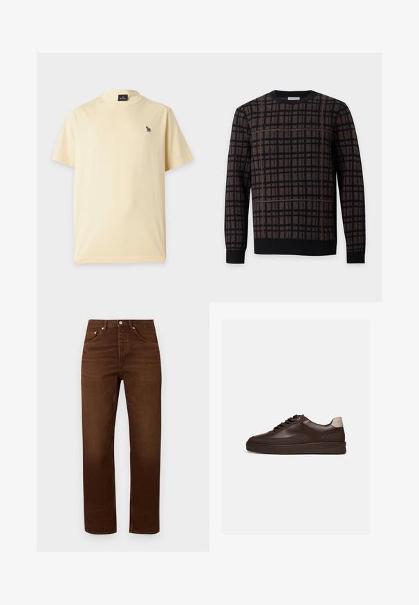 Pull à carreaux marron et noir à manches longues avec un col rond et des poignets et un ourlet côtelés.; T-shirt jaune clair à manches courtes avec un petit logo zèbre multicolore sur la poitrine gauche et une étiquette noire à l’intérieur du col.; Jean marron droit en denim avec poches avant et fermeture par bouton métal sur un fond clair uni.; Baskets en cuir marron foncé à profil bas avec une semelle rainurée et une languette beige clair au talon, vues de côté sur fond blanc.