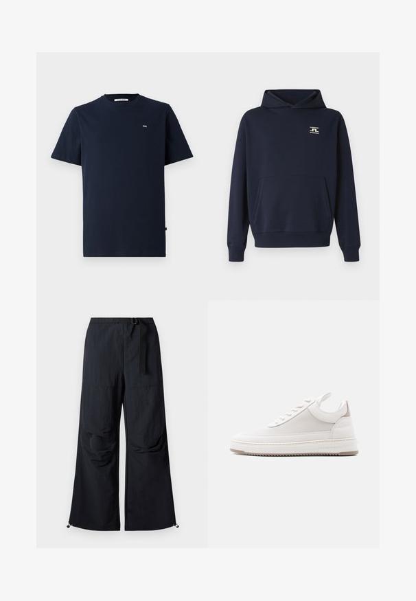 Marineblå hættetrøje lavet af blødt stof, med en kængurulomme og et lille logo på brystet. Designet med en afslappet pasform og justerbar hætte.; Mørkeblå bomulds t-shirt med korte ærmer, rund hals, subtil "WW" logo på brystet og lige visk. Glat tekstur, afslappet design.; Sorte bukser med vide ben lavet af letvægtstof. Har bælte, to store sidelommer og justerbare kanter med snorlås.; Lavtop hvid sneaker med tekstureret sidepanel, polstret krave, snørelukning foran og "Filling Pieces" branding på kantsålen.
