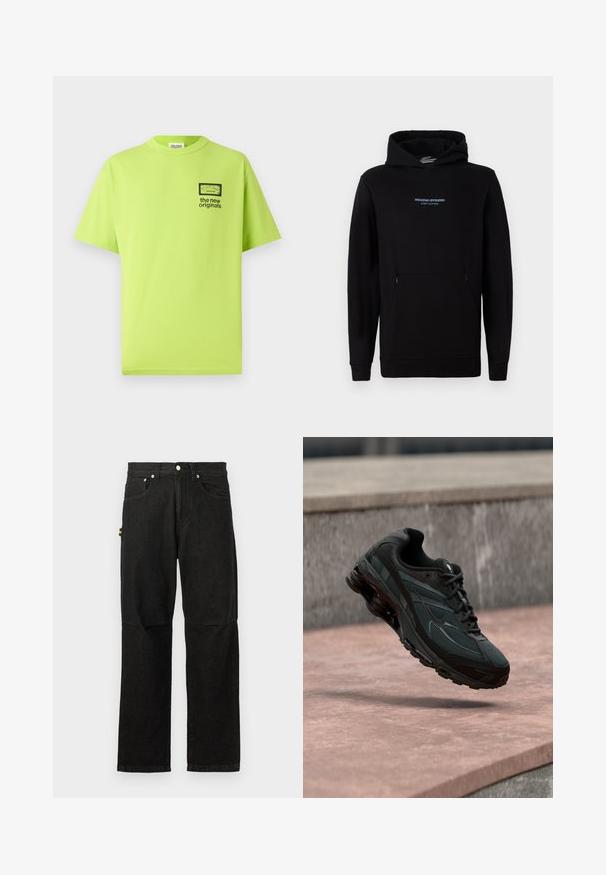 Zwarte hoodie van zacht materiaal, met een voorzak, lange mouwen en een capuchon met trekkoord. Geborduurd "WEEKEND OFFENDER" logo in het blauw.; Limoengroene katoenen T-shirt met een ronde hals, korte mouwen en een zwarte grafische print op de linkerkant van de borst met "de nieuwe originalen."; Zwarte denimbroeken met een recht gesneden ontwerp, voorzien van voorzakken, een knoopsluiting en minimale hardware voor een strakke uitstraling.; Zwarte atletische sneaker met zichtbare luchtgeveerde tussenzool die boven een roze stenen oppervlak zweeft met een grijze stenen muur op de achtergrond.