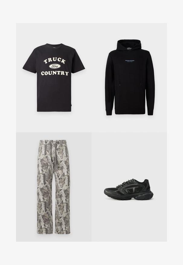 Schwarzer Sweatshirt-Hoodie aus weichem Stoff, mit einer Fronttasche, langen Ärmeln und einer Kapuze mit Kordelzug. Besticktes "WEEKEND OFFENDER"-Logo in Blau.; Schwarzes Baumwoll-T-Shirt mit kurzen Ärmeln, das "TRUCK COUNTRY" in cremigem Text und einem Ford-Logo-Design auf der Vorderseite zeigt.; Camo-Print-Hose mit lockerer Passform, grauer und beiger Farbpalette, elastischem Bund mit Kordelzug und weicher Stofftextur.; Schwarze Sport Sneaker mit einem Obermaterial aus Mesh, strukturierten Akzenten und gepolstertem Kragen. Schnürdesign mit einer dicken Gummisohle für Unterstützung.