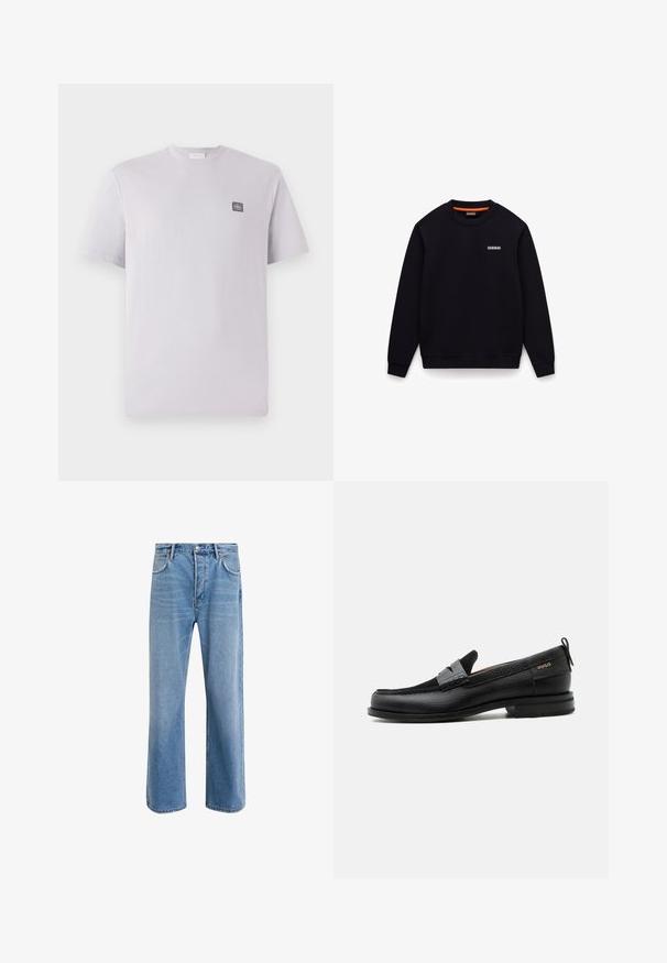 Schwarzes Sweatshirt mit Rundhalsausschnitt, langen Ärmeln und kleinem weißen Logo auf der linken Brust vor weißem Hintergrund.; Hellblau-lilafarbenes T-Shirt mit kurzen Ärmeln aus Baumwolle, Rundhalsausschnitt und einem kleinen dunklen Logo-Patch auf der linken Brust. Glatte Textur.; Helle blaue Jeans im Geradeschnitt-Design, mit fünf Taschen, Knopfverschluss, minimaler Ausbleichung und kontrastierenden Nähdetails.; Schwarzer Lederloafer mit grauem Riemendetail, niedrigem Absatz und strukturierter Sohle, seitlich mit „HUGO“ in Gold gebrandmarkt.