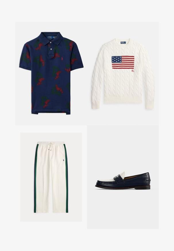 Hvid kabelstrikket sweater med et fremtrædende rødt, hvidt og blåt broderet amerikansk flag på fronten, med "RL" i rødt.; Marineblå bomulds polo med et gentaget mønster af røde vinger og grønne 'P' bogstaver, med en klassisk krave og tre-knaps lukning.; Hvide sweatpants med snøre i taljen, med marineblå og grønne sidelommer og et lille marineblåt polo-spiller-logo på højre lår.; Herre loafer sko i marineblåt og hvidt læder med lav træhælkappe og klassisk penny-strop detaljer.