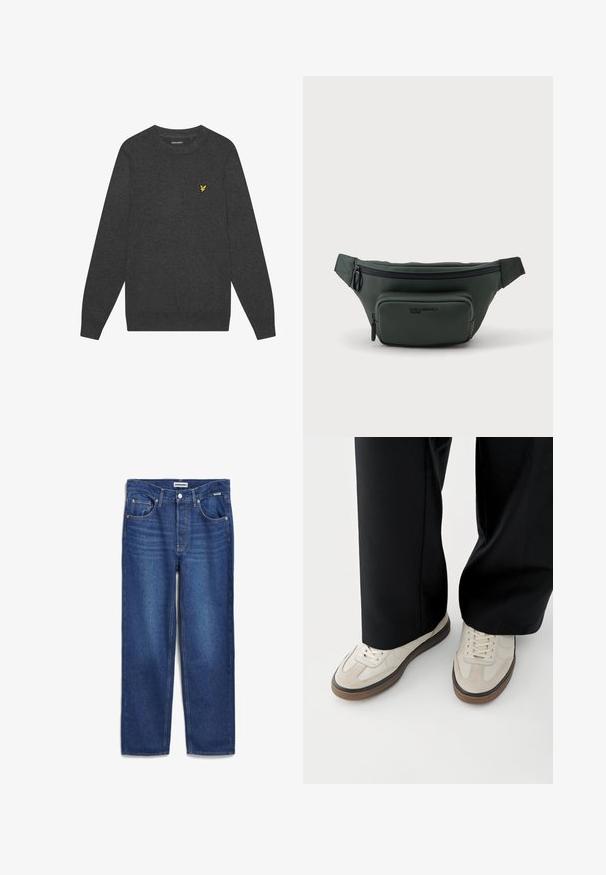 Donkergrijze trui met ronde hals, gemaakt van zacht materiaal. Bevat een klein geel geborduurd logo op de borst. Lange mouwen met ribgebreide boorden.; Denim jeans in diepblauwe kleur, recht gesneden ontwerp met een gemiddelde tailleband, vijf zakken en subtiele vervaging aan de voorkant.; Voeten met beige sneakers met bruine zolen en zwarte wijde broekspijpen op een witte achtergrond.; Donkergroene heuptas met twee met ritssluiting afgesloten vakken en verstelbare band, getoond tegen een effen lichte achtergrond.