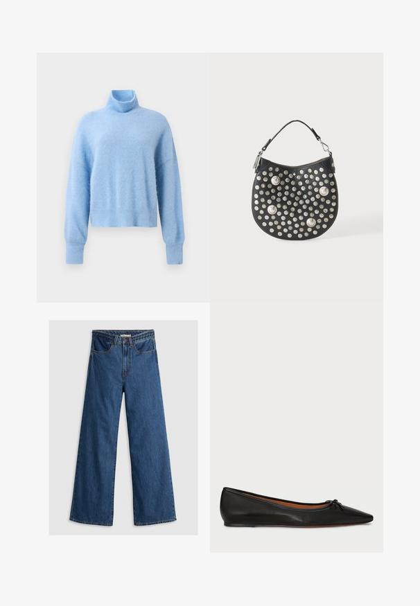 Lyseblå, cropped turtleneck sweater lavet af blødt, tekstureret stof med lange ærmer og ribbede manchetter for ekstra detalje.; Bredde ben blå denim jeans med høj talje, der har et klassisk fem-lomme design og en tekstureret taljebånd.; Sorte læderballetflade med spids tå, slank silhuet og en lille sløjfedetalje på forsiden. Glat tekstur og minimalistisk design.; Sort læderhåndtaske med kort hank, dekoreret med flere små og få store runde sølvnitter på frontfladen.
