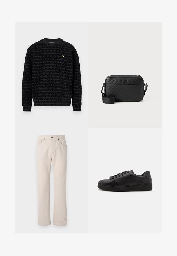 Sort crewneck-sweatshirt med et tekstureret geometrisk mønster, der har en guldfarvet logo-accent på brystet samt ribstrikkede manchetter og kant.; Beige denim jeans med lige skæring, der har fem lommer, en knaplukning og diskrete syningss detaljer ved sømmene.; Sorte lædersneakers med rund tå, flad sål og traditionel snøring. Har en glat tekstur og diskrete detaljer på siden.; Sort tekstureret crossover-taske med prægede geometriske mønstre og justerbar rem med brandlogo.