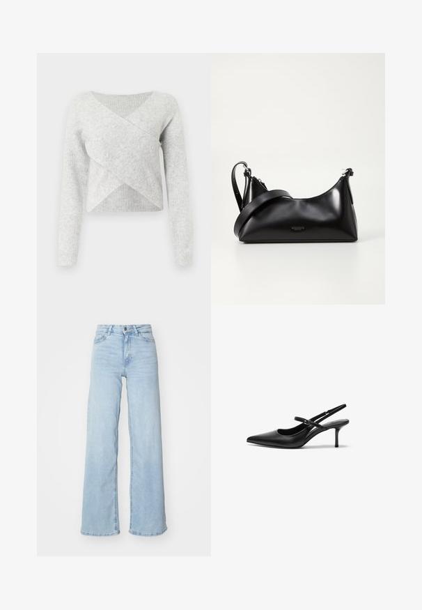 Pull en maille gris avec un col en V et un design croisé à l'avant. Les manches longues présentent une texture côtelée, offrant un ajustement confortable et chaleureux.; Jeans en denim bleu clair à jambes larges. Dispose d'une taille haute, d'une fermeture à bouton à l'avant et de deux poches. Texture lisse avec un léger dégradé.; Talons aiguilles noires en cuir avec un bout pointu, une fine bride réglable, et un talon aiguille d'environ 5 cm, texture lisse.; Sac à main en cuir noir avec une texture lisse. Dispose d'une bandoulière adjustable et d'un design élégant et minimaliste avec une fermeture éclair.