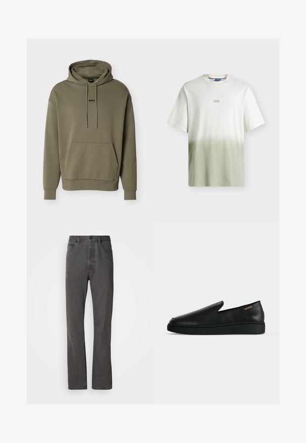 Sweat à capuche vert olive en tissu doux, avec une poche frontale, une capuche à cordon et un petit logo "BOSS" noir sur la poitrine.; T-shirt à manches courtes blanc et vert clair dégradé avec un petit logo "HUGO" centré sur la poitrine et un col rond.; Jeans en denim gris avec une coupe droite, dotés de poches avant, d'une fermeture à bouton et d'une texture subtile.; Chaussure noire en cuir à enfiler avec semelle épaisse et marquage "HUGO" en or près du talon sur un fond uni gris clair.