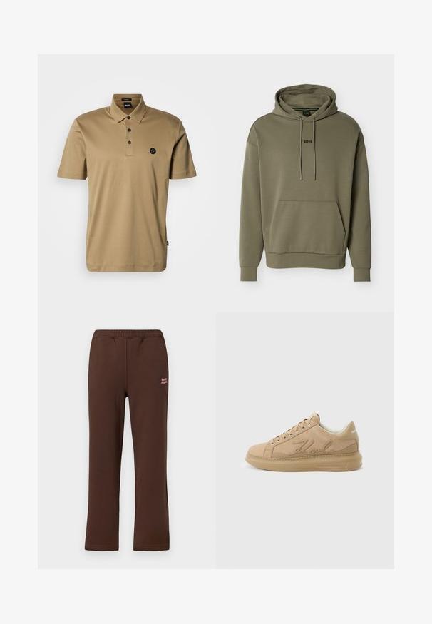 Sweat à capuche vert olive en tissu doux, avec une poche frontale, une capuche à cordon et un petit logo "BOSS" noir sur la poitrine.; Polo beige en coton doux; comprend une patte à trois boutons et un petit logo noir sur le côté gauche de la poitrine; manches courtes.; Pantalon droit à taille élastique marron avec un petit texte rose "the new originals" sur le haut de la cuisse gauche.; Baskets basses beiges avec lacets à l'avant, "Karl" embossé sur le côté, col rembourré et semelle brandée portant l'inscription "Karl Lagerfeld".