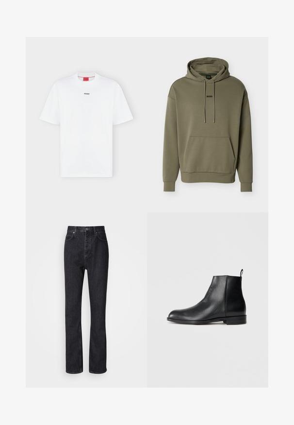 Olivengrøn hættetrøje lavet af blødt stof, med forlomme, snøre i hætten og lille sort "BOSS" logo på brystet.; Hvid T-shirt med korte ærmer med lille sort "HUGO" logo centreret på brystet og et rødt mærke inde i kraven.; Høj talje sorte denim jeans med knap- og lynlåsåbning, for- og baglommer samt lige ben.; Sort læder ankelstøvle med lav hæl, rund tå, slids bagpå og glat finish på en ensfarvet hvid baggrund.