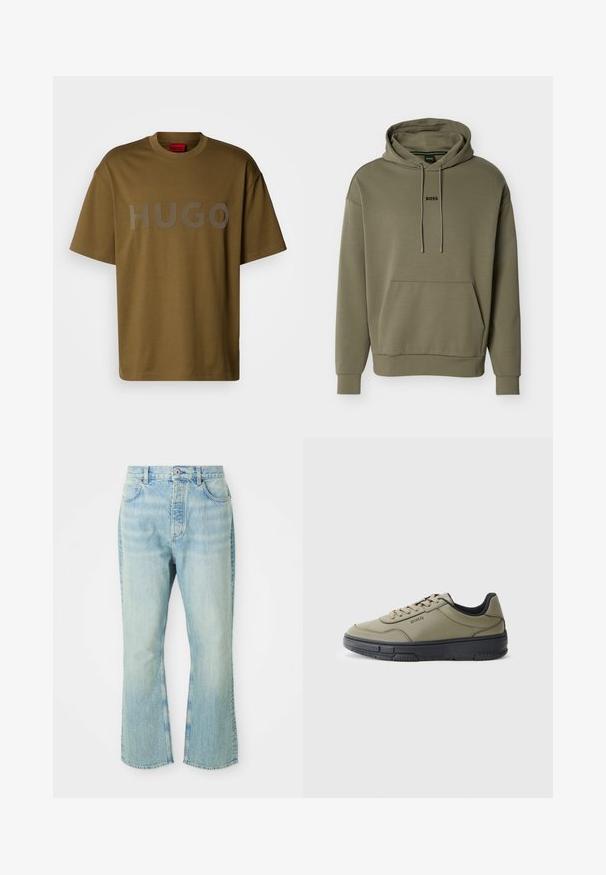 Olivengrøn hættetrøje lavet af blødt stof, med forlomme, snøre i hætten og lille sort "BOSS" logo på brystet.; Olivegrøn t-shirt i bomuld med rund hals og korte ærmer, med et stort gråt "HUGO" logo trykt på forsiden.; Lysblå denim flared jeans med høj talje, der har fem lommer, bæltestropper og en toned vævning.; Olivengrøn sneaker med en tekstureret læderoverdel og en kontrasterende sort gummisål. Har beige snørebånd og minimal branding.