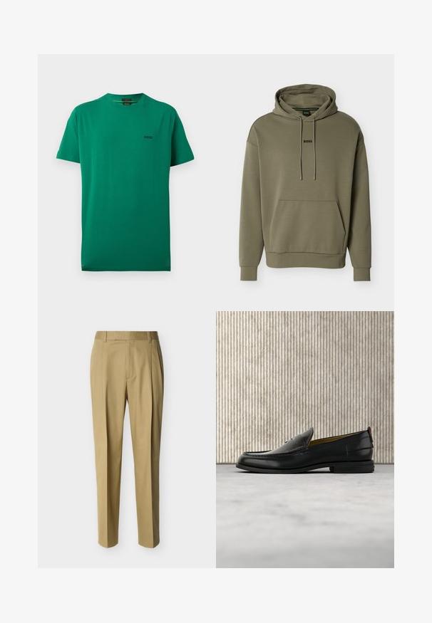 Sweat à capuche vert olive en tissu doux, avec une poche frontale, une capuche à cordon et un petit logo "BOSS" noir sur la poitrine.; T-shirt vert à manches courtes et col ras du cou avec un petit logo noir "BOSS" sur le côté gauche de la poitrine.; Pantalon beige ajusté avec passants de ceinture et pli frontal, présenté sur un fond clair uni.; Mocassin pour homme en cuir noir avec un dessus embossé effet croco et un petit talon, présenté de profil sur un fond neutre.