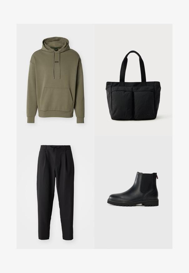 Olivgrüner Kapuzenpullover aus weichem Stoff mit Vordertasche, Kordelzugkapuze und kleinem schwarzem "BOSS"-Logo auf der Brust.; Schwarze, schmal zulaufende Hose mit elastischem Bund und Kordelzug. Glattes, leichtes Material, ausgestattet mit Falten und Seitentaschen.; Schwarze Leder-Stiefelette mit elastischen Seiteneinsätzen, runder Spitze und einer robusten Gummisohle mit tiefem Profil für optimalen Halt.; Schwarze Tragetasche aus weichem Stoff, mit zwei vorderen Taschen und stabilen Tragegriffen. Logo an der Seite angebracht. Einfaches, funktionales Design.