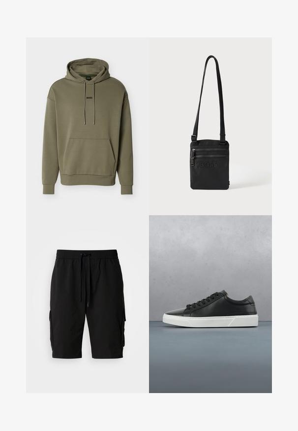 Sudadera con capucha de color verde oliva confeccionada con tela suave, que cuenta con un bolsillo frontal, capucha con cordón y un pequeño logo "BOSS" negro en el pecho.; Pantalones cortos cargo negros hechos de tejido ligero, con una cinturilla elástica, cordón y bolsillos laterales cargo para almacenamiento adicional.; Zapatilla de cuero negra con punta redonda, superficie texturizada, suela de goma blanca y cordones negros. Diseño minimalista con un perfil elegante.; Bolso bandolera negro con dos bolsillos frontales con cremallera y logotipo en relieve "BOSS", con correa de hombro ajustable.