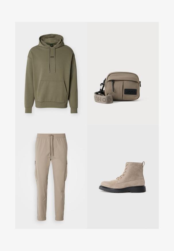 Sudadera con capucha de color verde oliva confeccionada con tela suave, que cuenta con un bolsillo frontal, capucha con cordón y un pequeño logo "BOSS" negro en el pecho.; Pantalones cargo beige con cintura elástica y cordón. Presenta bolsillos laterales y un diseño de pierna ajustada, fabricados en tela ligera.; Botines de ante beige con suela de goma negra, diseño con cordones y un pequeño logotipo grabado en el lateral, que cuenta con una lengüeta en la parte posterior.; Bolso cruzado de nailon caqui con dos bolsillos frontales con cremallera, correa ajustable y un parche negro con el logo en la parte frontal. Textura suave.