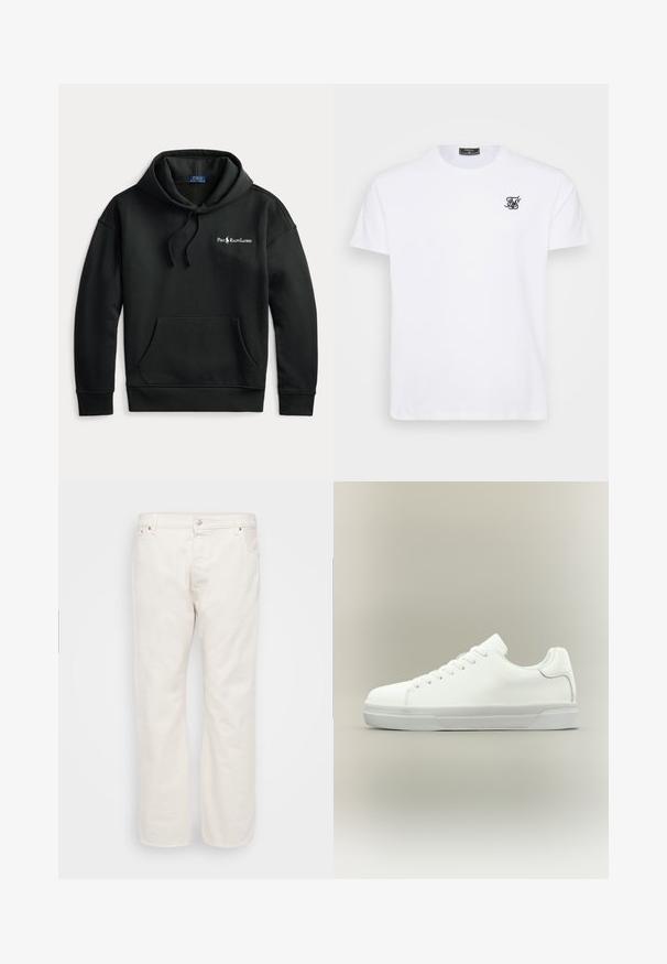 Musta Polo Ralph Lauren huppari, jossa on etutasku, kiristysnauhalla varustettu huppu ja pieni valkoinen logo vasemmassa rinnassa.; Valkoinen puuvillapaitapusero, jossa on pyöreä kaula-aukko. Rintakehässä on pieni musta brodeerattu logo. Lyhyt hiha ja suora leikkaus.; Valkoiset farkut suoran leikkauksen kanssa, joissa on nappikiinnitys, vyölenkit ja kaksi sivutaskua. Suulakeinen pinta, minimaalinen yksityiskohtaisuus.; Valkoinen matalakärkinen lenkkikenkä, jossa on nyöritys edessä, pehmustettu kaulus ja kuvioitu kumipohja, esitetty sivuprofiilista neutraalilla taustalla.