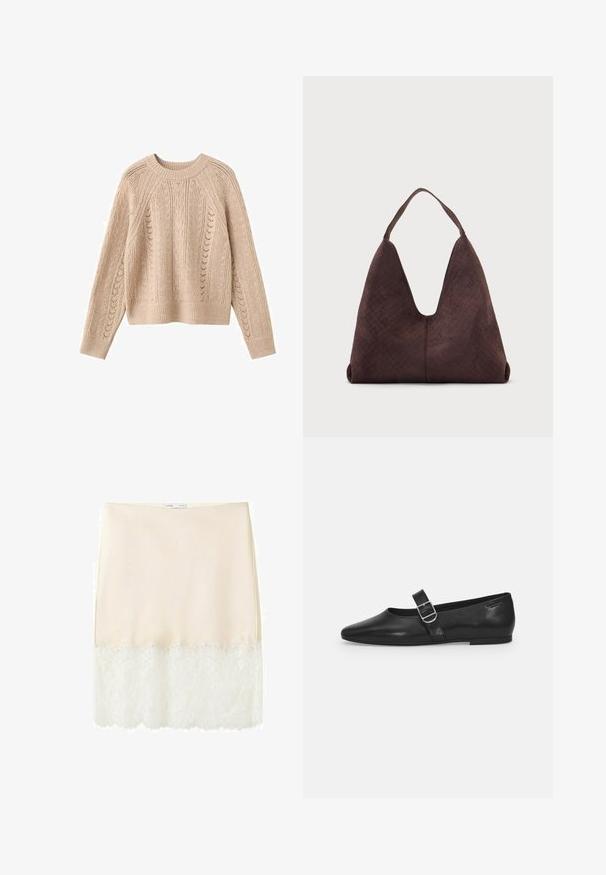 Pull en maille torsadée beige, avec un col rond, des manches raglan et un ourlet côtelé. Des motifs de tricot ajouré créent une texture tout au long du vêtement.; Jupe-culotte couleur crème avec large bordure en dentelle blanche le long de l'ourlet, étiquetée avec une petite étiquette à la taille.; Chaussure plate en cuir noir avec un bout arrondi, une seule sangle réglable à boucle et une texture lisse et brillante. Design minimaliste avec un petit talon.; Grand sac à main en cuir marron avec une texture tissée et une seule bandoulière, présenté sur un fond clair uni.