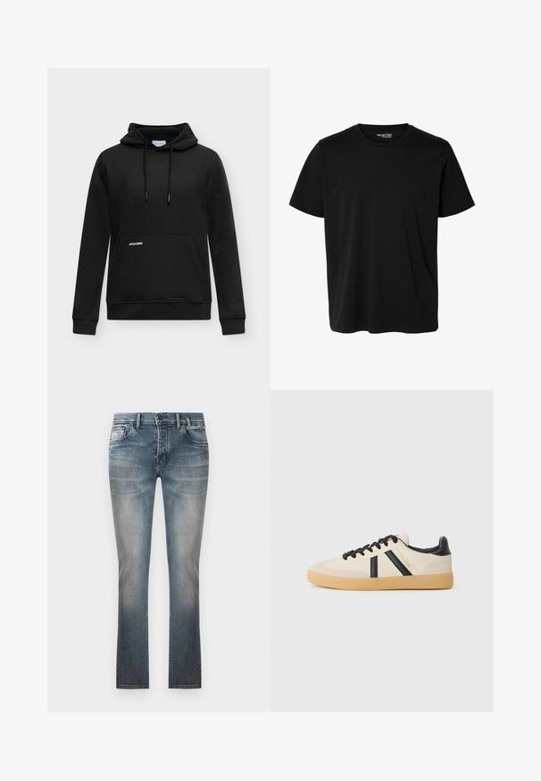 Sweat à capuche noir avec poche avant et cordons, avec un petit logo blanc "JACK & JONES" sur la poche.; T-shirt noir uni à manches courtes et col rond pour homme, sans motifs ni logos visibles à l’avant.; Jean droit bleu délavé avec poches avant, passants pour ceinture et fermeture par bouton, présenté sur un fond blanc uni.; Baskets décontractées en crème avec des rayures noires, présentant un dessus texturé et une semelle en caoutchouc. Les lacets sont noirs. Logo discret sur le côté.