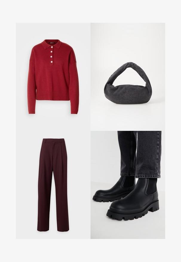 Rød strikket sweater med polo krave, fem hvide knapper samt ribbede manchetter og kant. Løs pasform og blød tekstur.; Mørkebrune, højtaljede skræddersyede bukser med lige ben og bæltestropper, vist mod en ensartet lys baggrund.; Sorte ankelstøvler med en kraftig sål, lavet af glat læder, med elastiske sidepaneler og en blokhæl, parret med mørke denimbukser.; Mørkegrå stofpose med et buet håndtag, blød tekstur og rund form. Ingen synligt hardware eller pynt.