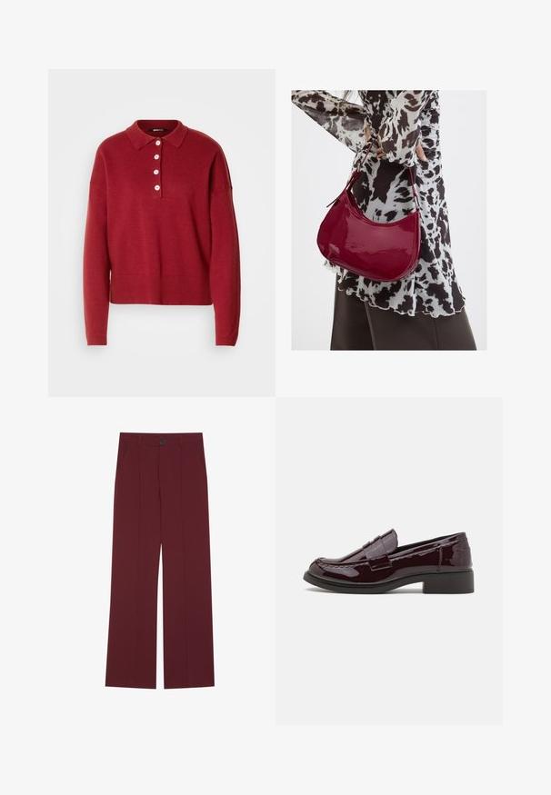 Rød strikket sweater med polo krave, fem hvide knapper samt ribbede manchetter og kant. Løs pasform og blød tekstur.; Bordeauxbukser med bred ben-design, der har en knaplukning, to sidelommer og plissee detaljer foran. Glat stofstruktur.; Bordeaux patenterede læderslippers med en lav blokhæl, der har traditionel syning og en stropdetalje over forfoden.; Kvinde iført en sort- og hvidmønstret bluse, der holder en blank rød skuldertaske mod en ensfarvet baggrund.