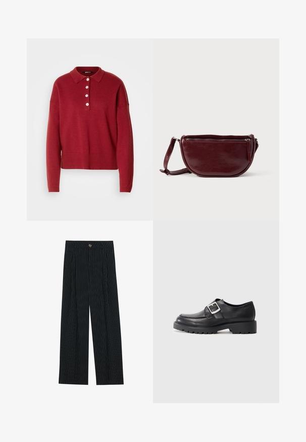 Jersey de punto rojo con cuello tipo polo, cinco botones blancos y puños y dobladillo acanalados. Corte holgado y textura suave.; Pantalones de pierna ancha a rayas negras, fabricados con una tela texturizada, que cuentan con un cierre frontal de botón y un diseño plisado para mayor interés.; Zapatos de cuero negro con puntera redonda, que presentan un detalle de hebilla lateral y una suela gruesa y resistente. Textura suave con costuras mínimas.; Bolso de mano de cuero granate con forma de media luna, cierre de cremallera y una correa desmontable. Textura suave con un brillo sutil.