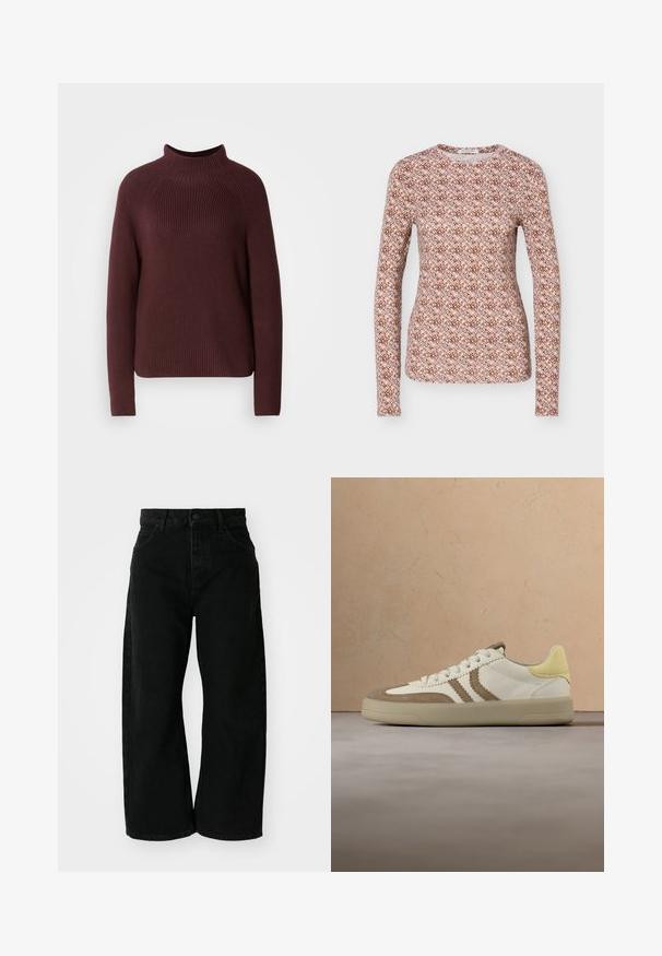 Bordeauxfarbener Pullover mit hochgeschlossenem Kragen, geripptem Muster und langen Ärmeln. Verfügt über eine leicht kastige Form und einen Saum, der auf Hüfthöhe endet.; Langärmliges figurbetontes Top mit rundem Ausschnitt, mit einem sich wiederholenden geometrischen Muster in Braun-, Pink- und Hellblautönen.; Schwarze weit geschnittene Jeans aus Denim mit hoher Taille. Verfügt über fünf Taschen und einen Knopfverschluss vorne. Glatte Textur und klare Linien.; Weißer und beige Sneaker mit gelbem Fersenakzent, ausgestattet mit Wildleder- und glatten Ledertexturen, flachen Schnürsenkeln und einer Gummisohle.