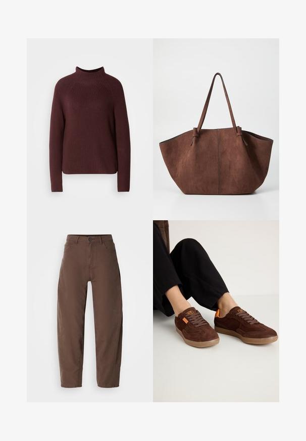Bordeaux sweater med høj hals, ribbet tekstur og lange ærmer. Har en let boxy form og en kant, der falder ved hoften.; Brune lige bukser med frontknap og lynlås, bæltestropper og sidelommer, præsenteret på en hvid baggrund.; Brune ruskinds sneakers med rund tå, tekstureret overdel og orange detaljer. Har flade snørebånd og en gummisål.; Brun ruskind tote taske med en bred, åben form, der har lange håndtag og diskret syninger langs kanterne. Ingen synlig hardware.