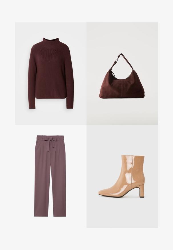 Pull en bordeaux avec un col montant, texture côtelée et manches longues. Présente une forme légèrement carrée et un ourlet qui arrive aux hanches.; Pantalons larges de couleur prune avec une taille ceinturée, un devant plissé et une texture lisse. Comprend des poches latérales et un design ajusté.; Bottes à talon nu patent avec un bout pointu, une finition brillante et un talon bloc de hauteur intermédiaire. Texture lisse et silhouette élégante.; Sac bandoulière en daim marron doux avec une seule lanière et des accessoires métalliques argentés sur un fond clair uni.