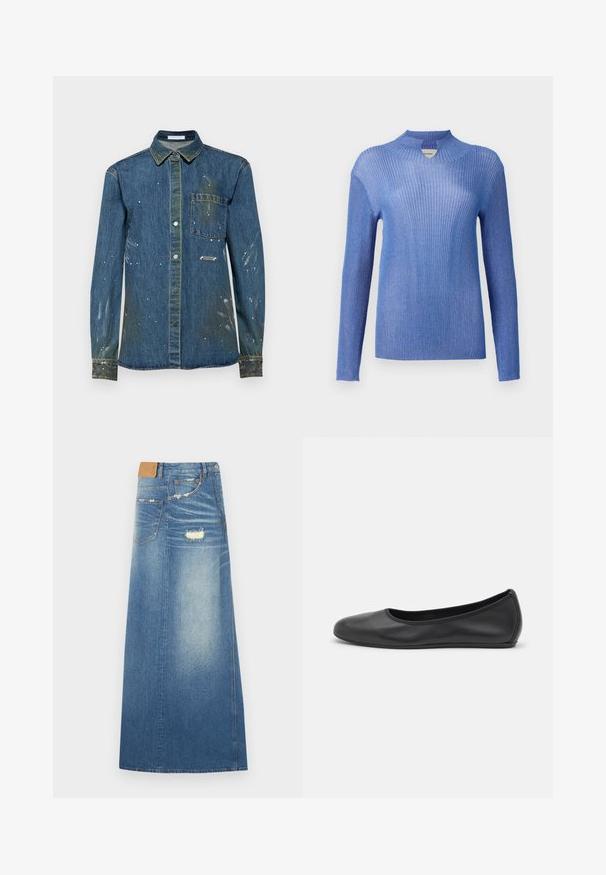 Pull en tricot bleu côtelé avec un col montant et des manches longues. Présente une finition texturée et un léger éclat, offrant une silhouette ajustée.; Chemise en denim pour homme, bleue avec des taches de détérioration et des éclaboussures de peinture blanche, design à boutons, manches longues, poche poitrine et col pointu.; Jupe maxi en denim bleu clair avec une taille haute, des accents déchirés, des poches et une silhouette droite, fabriquée en tissu de coton.; Ballerines en cuir noir avec un bout rond, texture lisse, détails de couture minimalistes et design de semelle flexible.