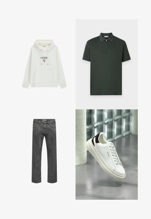 Sweat-shirt blanc à capuche avec poche kangourou devant et logo "GUESS jeans" ainsi qu'un emblème triangulaire en noir et rouge sur la poitrine.; Polo shirt vert foncé à manches courtes, col zippé et bord de col texturé contrastant. Fabriqué en tissu lisse avec un design minimaliste.; Jean droit pour homme en denim gris foncé avec fermeture avant à bouton et zip, passants de ceinture et design classique à cinq poches.; Sneaker GUESS noir et blanc avec des lacets marqués, flottant au-dessus d'un sol gris près d'un mur en blocs de verre et d'une colonne cylindrique.