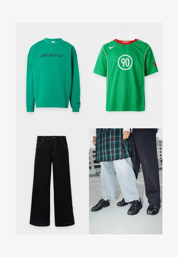 Grüner Sweatshirt aus Baumwolle mit Rundhalsausschnitt. Mit der Aufschrift "JUST DO IT." und dem Nike-Logo in dunkelblauer Schrift auf der Brust. Lange Ärmel.; Grünes Nike-Sportshirt mit kurzen Ärmeln, weißen Akzenten, gepunktetem Muster und einem runden weißen "90"-Logo in der Mitte. Roter Kragen.; Schwarze weit geschnittene Jeanshose aus Denim, mit Knopfverschluss, fünf Taschen und kontrastierendem weißen Nähten entlang der Nähte.; Schwarze Sportschuhe mit Mesh- und Gummielementen. Kombiniert mit hellgrauen weiten Jeans und einem karierten grünen Oberteil. Flacher Hintergrund.