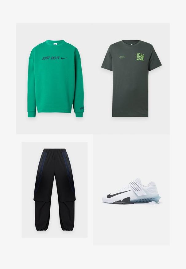 Sweat-shirt en coton vert avec un col rond. Présente le texte "JUST DO IT." et le logo Nike en bleu marine sur la poitrine. Manches longues.; T-shirt en coton vert foncé à manches courtes. Devant, grand logo vert "NIKE" et texte plus petit, col rond classique, texture lisse.; Pantalon cargo noir et bleu foncé avec taille et poignets élastiques, doté de poches latérales zippées et de panneaux en tissu superposés sur les cuisses.; Baskets blanches avec le swoosh noir de Nike, tige en maille, trois rayures noires et une semelle dégradée allant du bleu au transparent. Présente des accents renforcés.